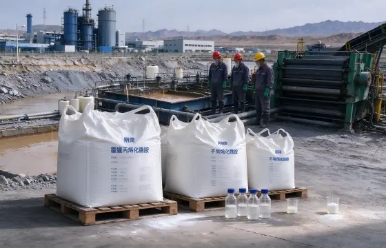 仓库堆放袋装聚丙烯酰胺 PAM，搭配污水加药设备与沉淀池场景。可用于矿山洗砂泥水分离、污水厂污泥脱水、油田及煤化工废水絮凝处理，支持现场水样试验、药剂选型调试。